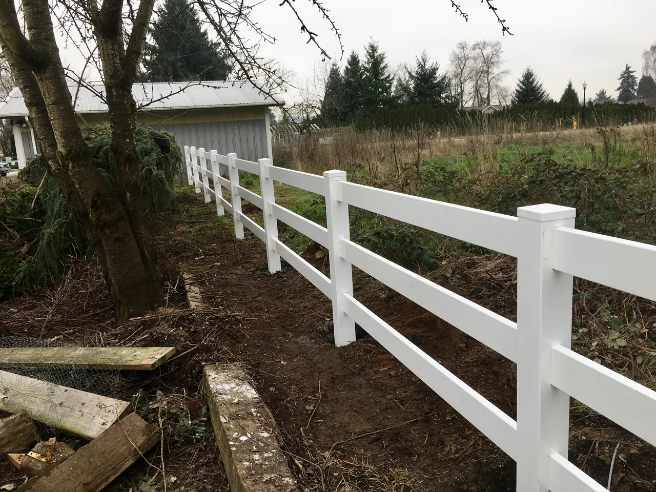 White three-rail fencing follows a grassy property boundary beside trees, with wire mesh visible between the rails.